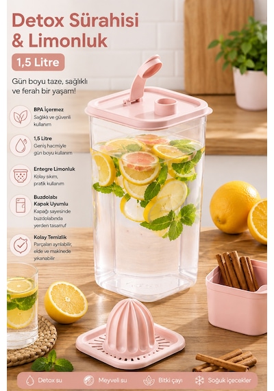 Porsima 06-1109 Detoks Sürahi & Limonluk Şeffaf 1,5 L - Pembe