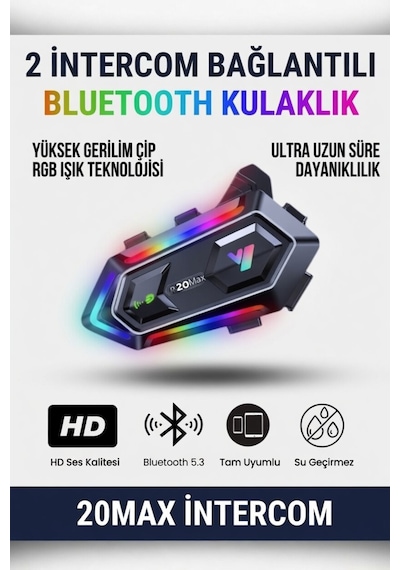 Y20 Max Telsiz Özellikli İki Kişi Bağlantılı 5.3 Motosiklet Kask Kulaklık Rgb Motorsiklet Interkom