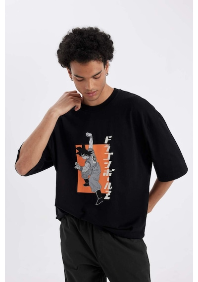 DeFacto %100 Pamuk Dragon Ball Loose Fit Bisiklet Yaka Sırt Baskılı Kısa Kollu Tişört C6526AX24AUBK81