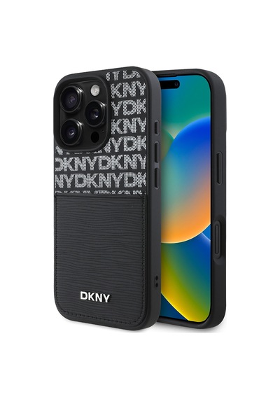 Apple Uyumlu iPhone 16 Pro Kılıf Dkny Lisanslı Kartlıklı 3d Yazılı Repeat Texture Pattern Kapak Siyah