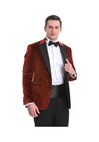 Hatemoğlu Kiremit Slim Fit Düz Sivri Yaka Kadife Klasik Smokin Damatlık 33 Kahverengi