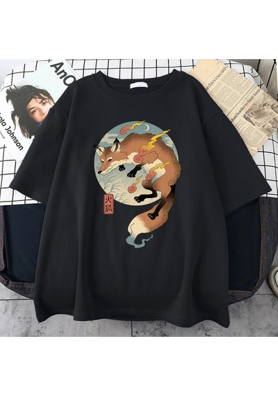 Startmore Beyaz Yangın Karikatür Tilki Japon Baskılı Harajuku Tee Tüm Siyah