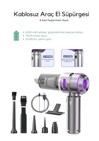 Beauty Vogue Araç İçi Süpürge 4ın1 20.000 Pa Emiş Güçlü Üflemeli Şarjlı Mini Araba El Süpürgesi Hl121 Pro
