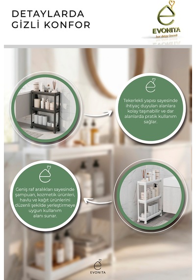 3 Katlı Tekerlekli Banyo Rafı Organizer Mutfak Düzenleyici Çok Amaçlı Servis Arabası Renkli 61503352