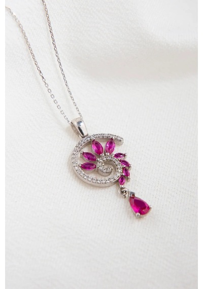 Papatya Silver 925 Ayar Gümüş Rodyum Kaplama Fuşya Renkli Spiral Snail Tasarım Kolye