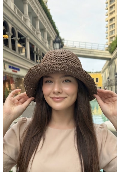 Mollycrush Kadın Kahverengi Hasır Örgü Bucket Bohem Stil Plaj Ve Güneş Şapkası Kahverengi