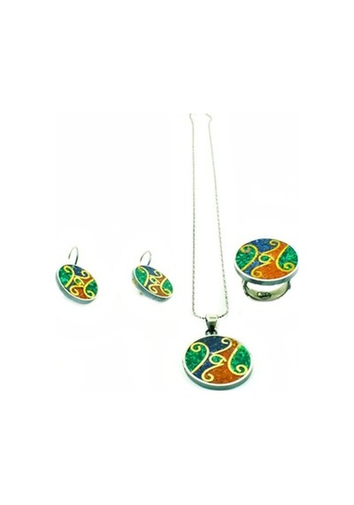 Mozaik Taşlı Otantik Gümüş Kadın Set Yüzük Küpe Kolye Ucu Set-259