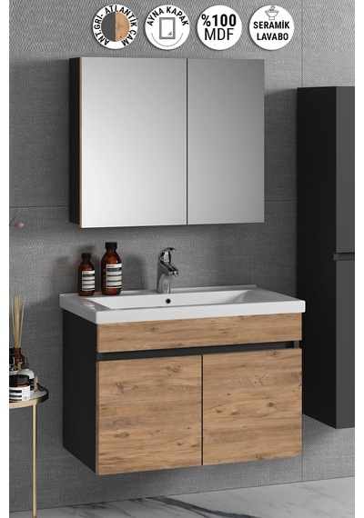 Çiğdem 80 Cm Antrasit Gri Mat-Atlantik Çam Mdf Seramik Lavabolu A Antrasit - Atlantik Çam