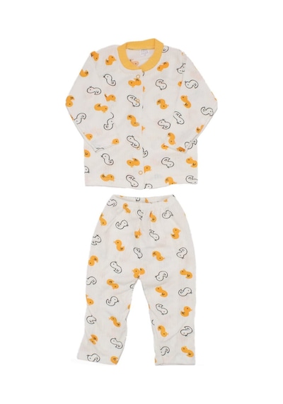 Bebegen Unisex Ekru Sarı Ördekli Çıtçıtlı Pijama Takımı Çok Renkli