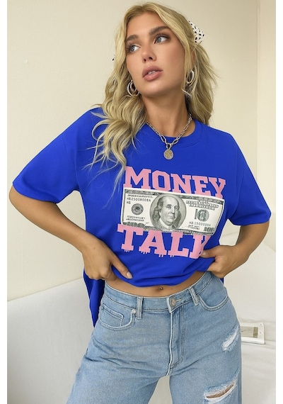 Money Talk Baskılı Unisex Tişört Saks Mavisi