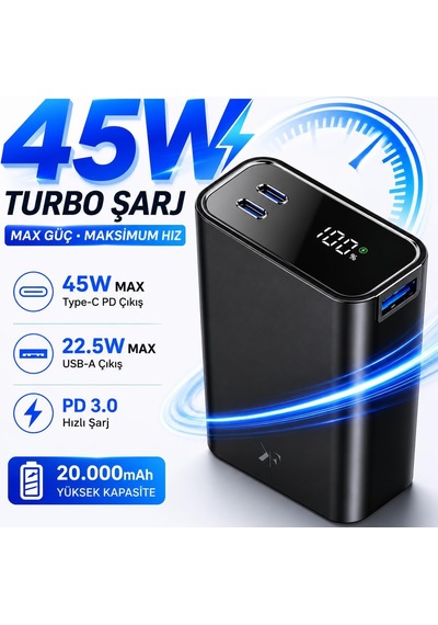 Tr Pw501 20.000 Mah 45w Pd Çift Type-c + 22.5w Usb Çıkışlı Dijital Göstergeli Hızlı Şarj Powerbank-beyaz