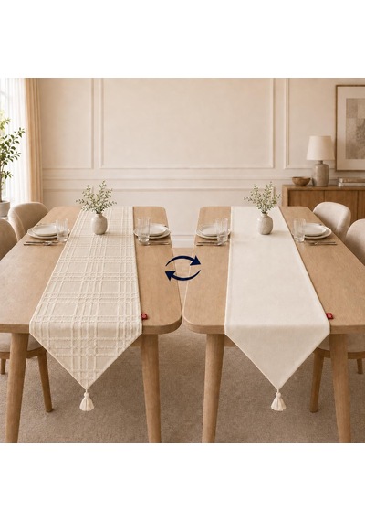 Ayrex Tek Runner İki Farklı Yüz, Çift Taraflı Kullanım 45 X 150 Cm, Desenli Ve Düz İki Yüzlü Runner, Püsküll Diğer