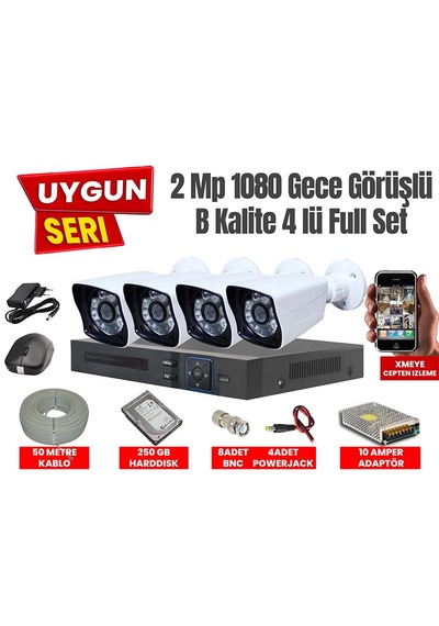 4 Kameralı 1080p Gece Görüşlü Harddisk Dahil Ful Güvenlik Kamera