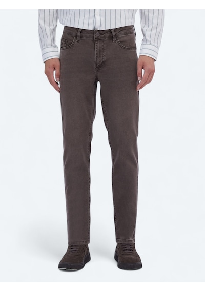 Kip Kahverengi Düz Slim Fit Denim Pamuk Karışımlı Pantolon