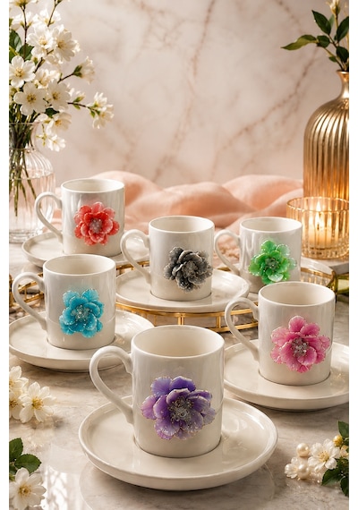 6 Kişilik Beyaz Porselen Renkli Lotus Lüks Kahve Fincan Takımı Seti 100ml