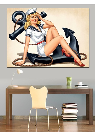 Demir Çapalı Pin-up Kadın Dekoratif Kanvas - Mdf Ahşap Tablo