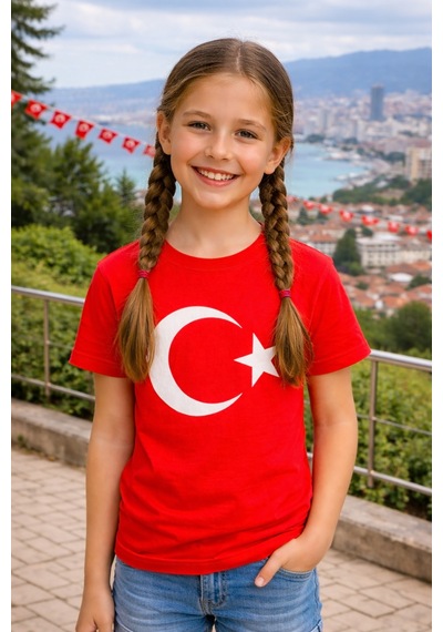 Parti Selesi Unisex 3 Adet Çocuk Bayrak Baskılı Kısa Kollu T-shirt Kırmızı