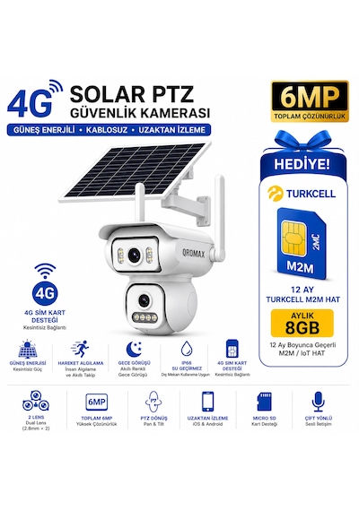 6mp Solar Ptz Çift Lensli 4g Sım Kartlı Kablosuz Güvenlik Kamerası + 12 Ay Turkcell Hat  4g Qr S2