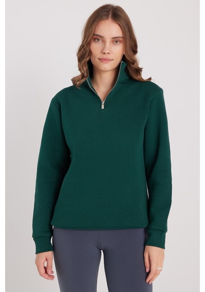 Tudors Kadın Relax Fit Rahat Kesim Pamuklu İçi Polarlı Yarım Fermuarlı Haki Dik Yaka Sweatshirt-37892 Haki