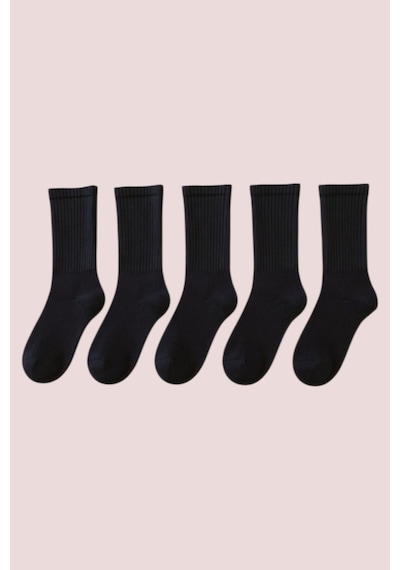 Hitit Socks Unisex 5 Çift Premium Kalite Yüksek Pamuklu Kolej Çorap Düz Siyah