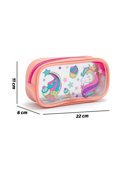 01112 Şeffaf Baskılı Tek Gözlü Kalemlik Kalem Kutusu Pembe Unicorn Genel
