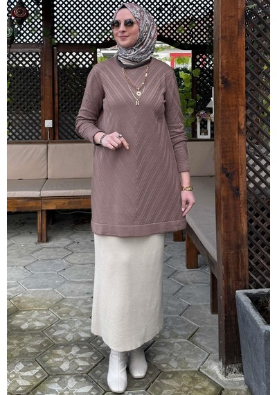 Rabia Şamlı Damla Triko Tunik Sütlü Kahve Çok Renkli