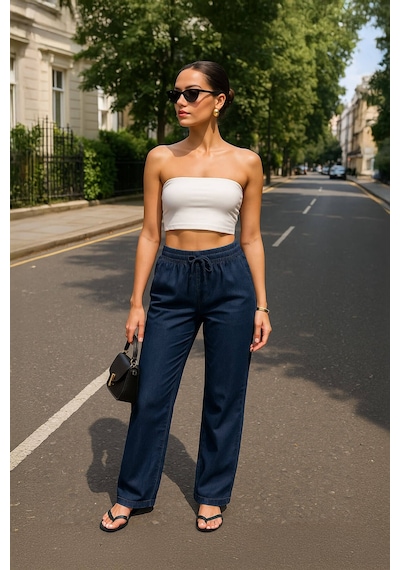 Kadın Beli Lastikli Straight Fit İnce Mavi Jean Pantolon Mavi