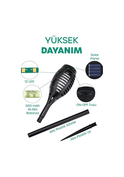1 Adet Alev Efektli Bahçe Lambası Solar Güneş Enerjili Otomatik Fotoselli Bahçe Patika Lambası H12