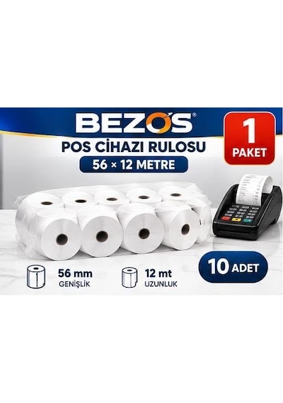 Termal Pos Cihazı Rulosu 56 Mm X 12 M - 10 Adet 1 Paket Yazar Kasa Slip Rulosu