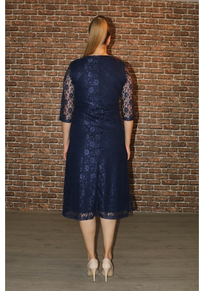 Nidya Moda Büyük Beden Dantel Elbise-4036L Lacivert