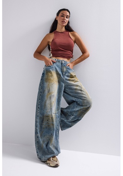 Kadın Kot Rengi Palazzo Fit T14t Özel Yıkama Tasarım Denim Jean Mavi