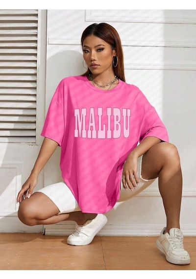 Malibu T-shirt - Pembe Baskılı Oversize Bisiklet Yaka Kısa Kol Tişört Pembe