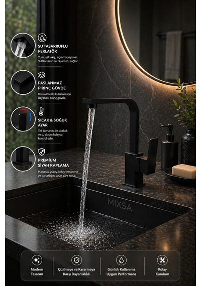Lüx Premium Siyah Kare Lavabo Bataryası