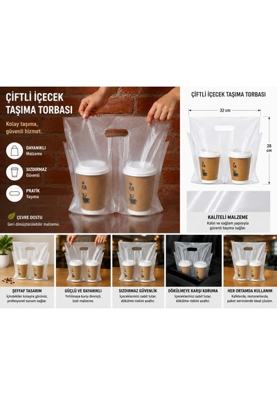 Çiftli Bardak Taşıma Poşeti - Take Away Bardak Poşeti 100 Adet Diğer