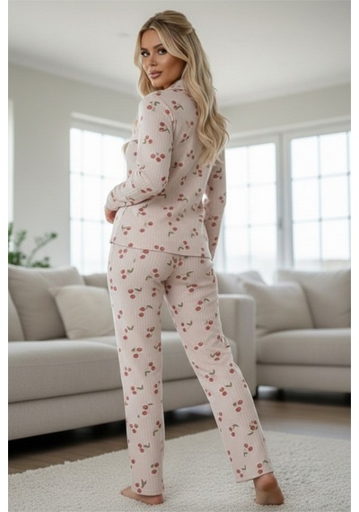 Siyah İnci Yumuşak Tuşe Kışlık Fitilli Düğmeli Pamuklu Örme Pijama Takım 7980 Vizon Kiraz