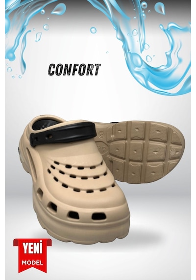 Sermoda Yüksek Çift Taban Taşlı Deniz Havuz Sabo Doktor Hemşire Hastane Comfort Günlük Kadın Terlik Vizon Siyah