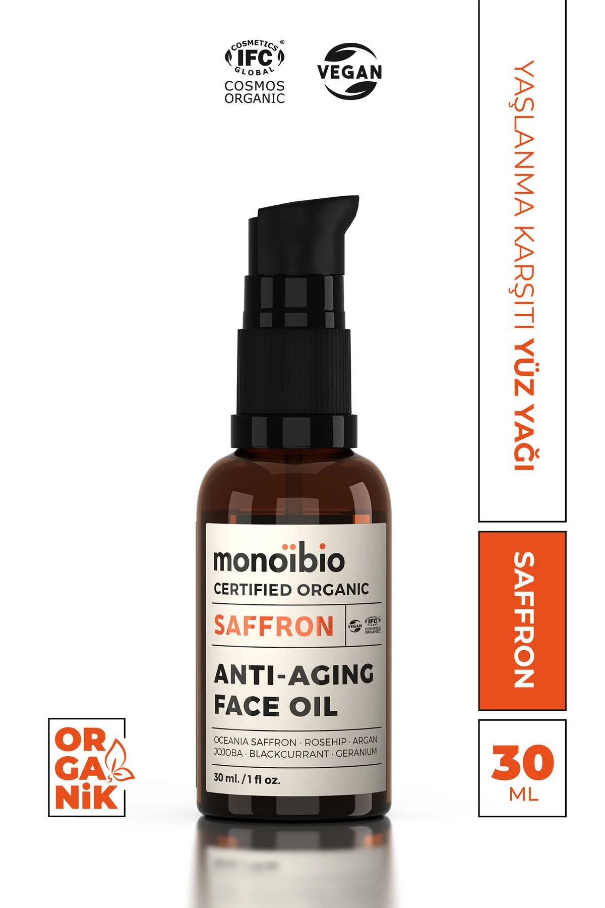 Monoibio Saffron Organik Yüz Bakım Yağı -  Kolajen Yapısı Güçlendirici Serum 30 Ml