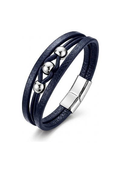 Çelik Top Detalı Erkek Deri Bileklik Premium Hediye 01825 Lacivert