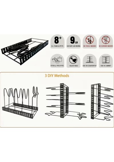 Karteya 8 Katlı Mutfak Depolama Rafı - Korozyona Dayanıklı Metal, Kompakt Dolap Altı Tencere Tava Organizer Siyah