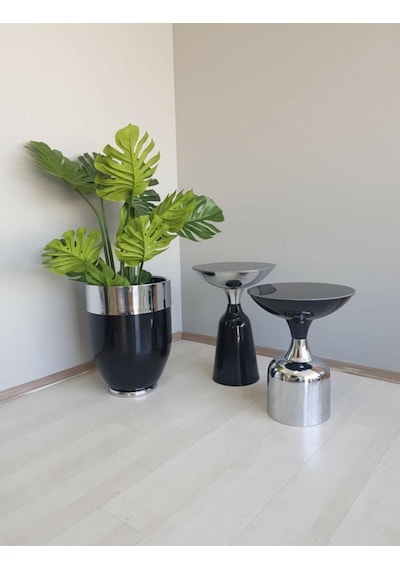 Olympos Dekoratif Parlak Siyah Kısa Model Krom Sehpa 50 Cm