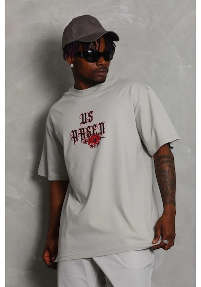 Erkek Kısa Kol Yazlık Tişört Bisiklet Yaka Baskılı Oversize T-shirt - Gri Gri