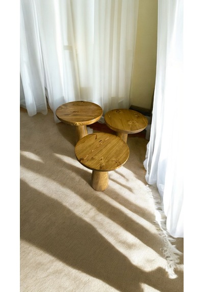 Wood Ahşap 3 Lü Set Mantar Yan Sehpa Konik Model / Meşe Renk