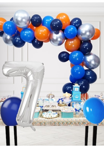 7 Yaş Kozmik Temalı Doğum Günü Seti Kozmik Mavi Turuncu Gümüş Mavi Balonlar Gümüş Folyo Rakam Çok Renkli