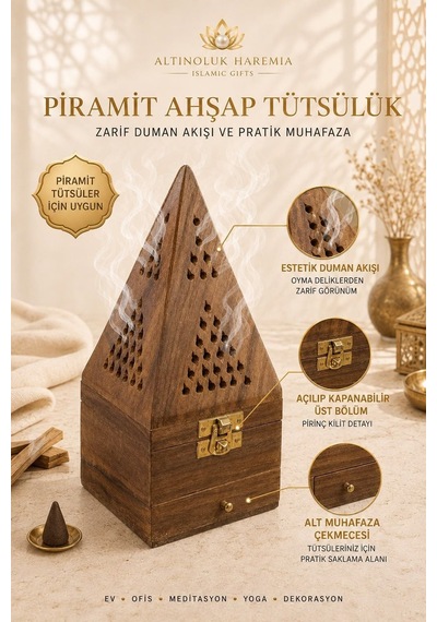Piramit Ahşap Tütsülük Çekmeceli Dekoratif Piramit Tütsü Kabı