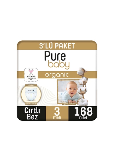 Pure Baby Organik Pamuklu Cırtlı Bez 3'lü Paket 3 Numara Midi 168 Adet 3'lü