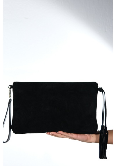 Morden Siyah Süet Hakiki Deri Kadın Clutch Çanta Siyah