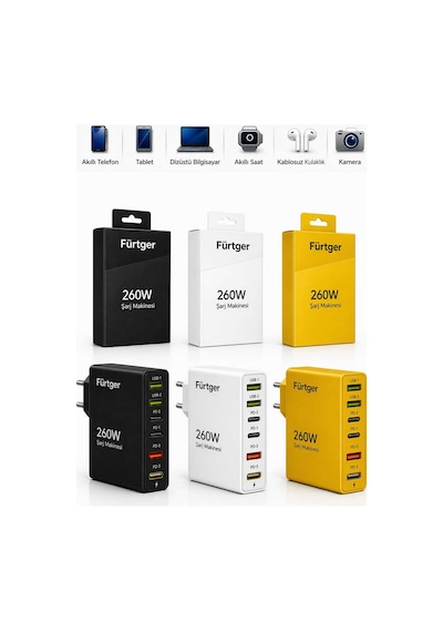 Fürtger German Frt-25w 3 Lü Eko Set 260w 3 Type-c + 3 Usb-a Toplam 6 Çıkışlı Süper Hızlı Şarj Aleti Siyah + Beyaz + Sarı