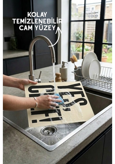 Yes, Chef Desenli Cam Kesim Tahtası - 25x35cm -dayanıklı Ve Pratik Kesim Matı Krem
