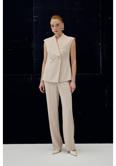 Sateen Anna Çizgili Pantolon - Bej-137091 Bej