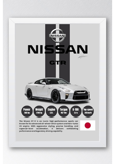 Nissan Gt-r R35 Premium Spor Araba Çerçeveli Tablo - Teknik Özellikli Jdm Otomobil Duvar Dekoru Beyaz
